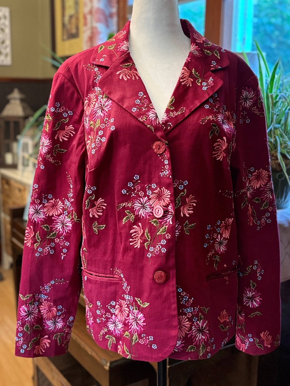 Coldwater Creek Burgundy embroidered Floral Button Jacket, excellent condition!